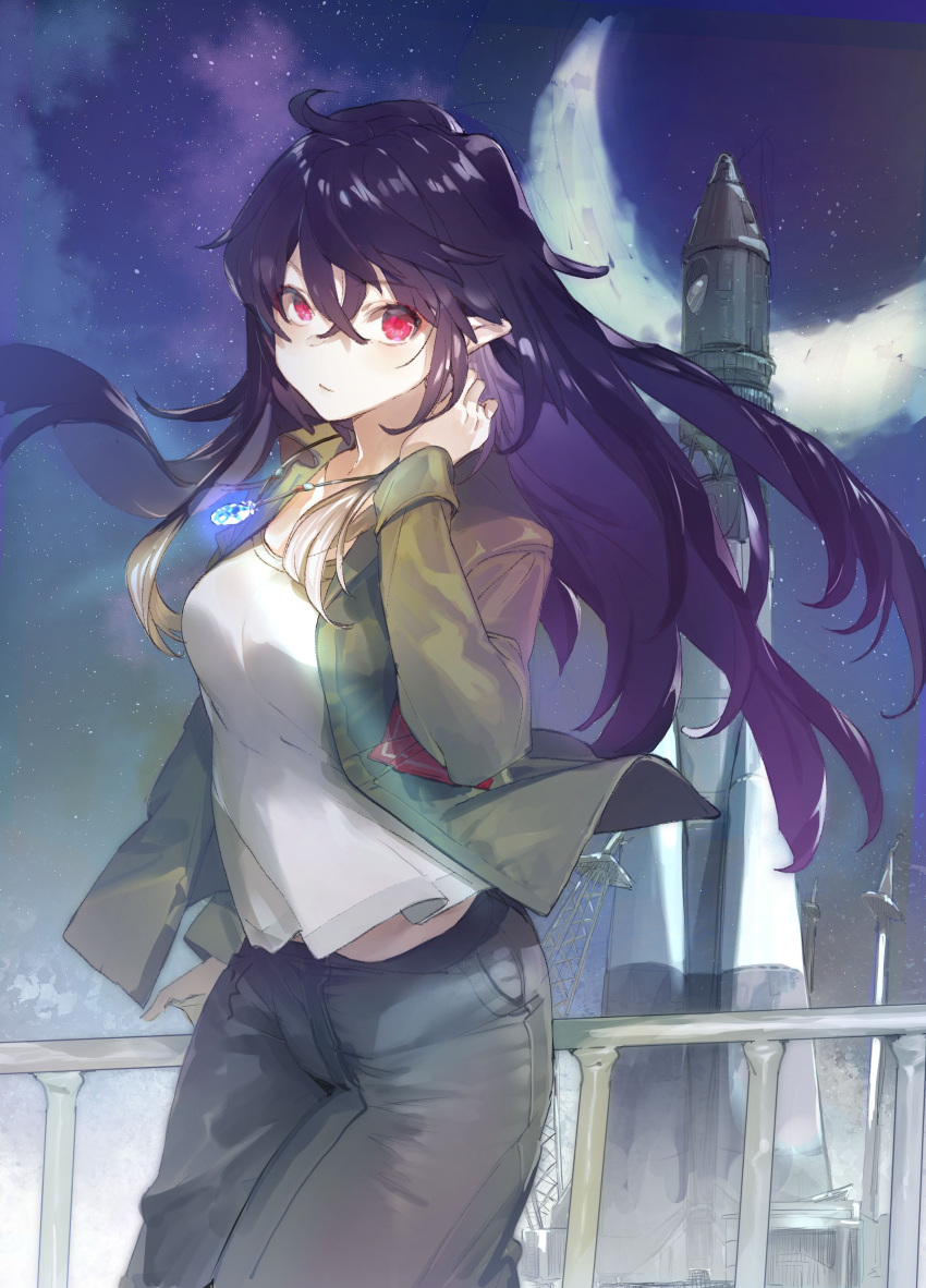 1girl, absurdres, closed_mouth, crescent_moon, green_jacket, grey_pants, hand_up, highres