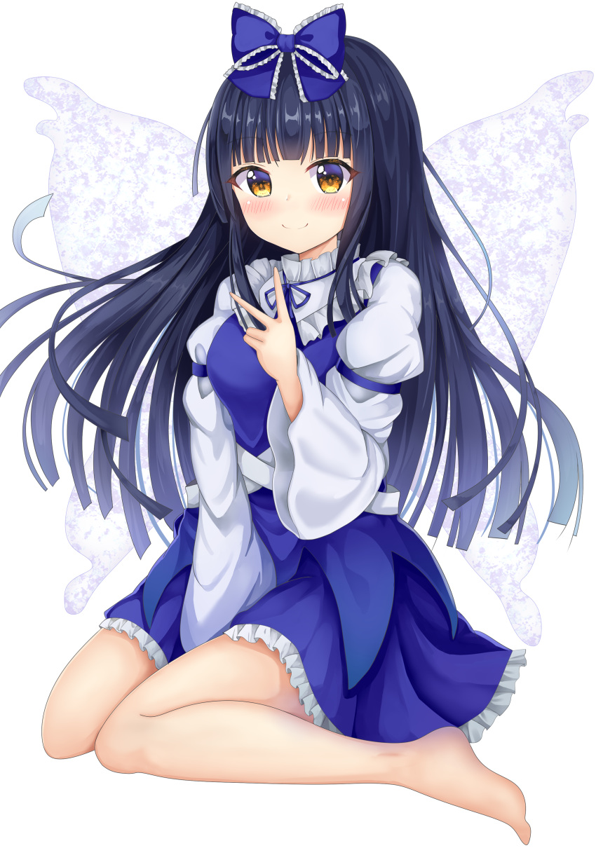 1girl, absurdres, bangs, barefoot, between_legs, black_hair, blue_bow, blue_dress