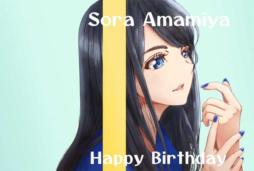 1girl, amamiya_sora, amaru_keiichi, bangs, birthday, black_hair, blue_eyes, blue_nails