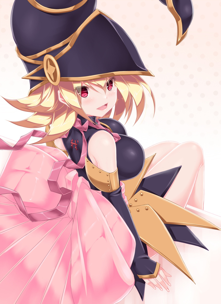 1girl, alternate_breast_size, bare_legs, barefoot, black_dress, black_gloves, black_headwear, blonde_hair