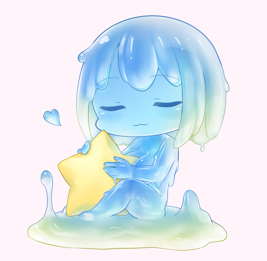 1girl, :3, blue_slime, breasts, chibi, closed_eyes, full_body, heart, hekirake, large_breasts, monster_girl, original, sitting, slime_girl, star_(symbol), yellow_star