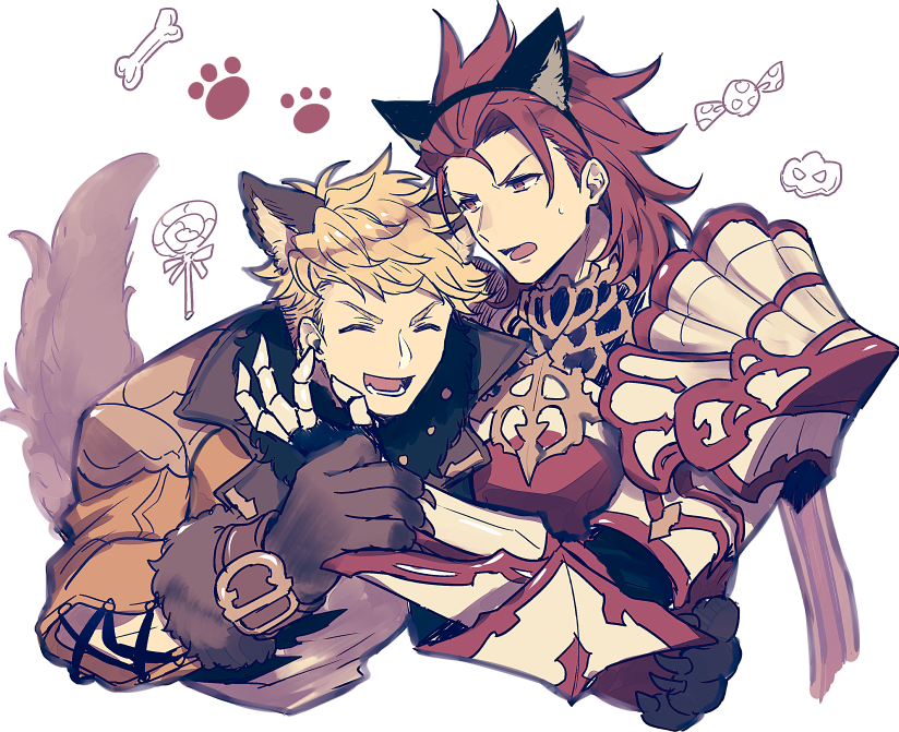 2boys, animal_costume, animal_ears, armor, blonde_hair, closed_eyes, fake_animal_ears, fangs