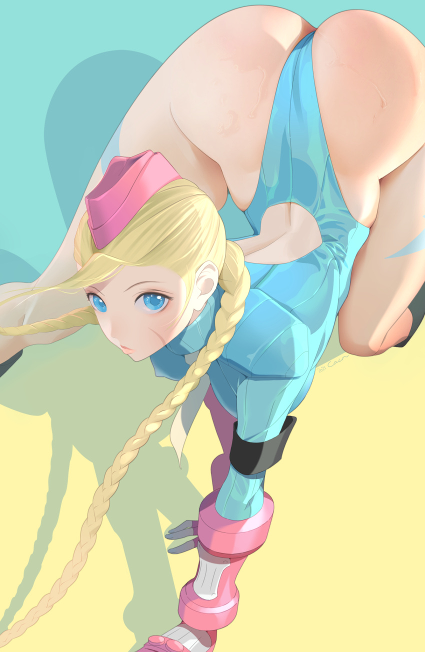 1girl, all_fours, armband, ass, backless_leotard, bare_legs, blonde_hair, blue_background