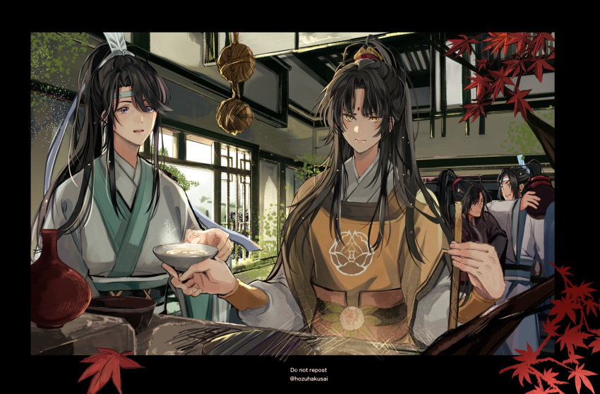 4boys, alcohol, bangs, bindi, black_hair, chinese_clothes, cooking, facial_mark, food, forehead_mark, high_ponytail, highres, hozuhakusai, jar, jin_ling, lan_jingyi, lan_sizhui, leaf, long_hair, long_sleeves, male_focus, maple_leaf, mo_dao_zu_shi, multiple_boys, parted_bangs, sidelocks, soup, swept_bangs, upper_body, very_long_hair, wei_wuxian