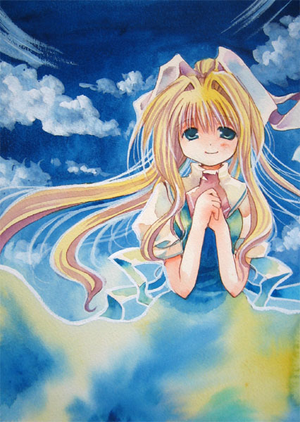 blonde_hair, blue_eyes, hair_ribbon, hands_clasped, kamio_misuzu, long_hair, ponytail, ribbon