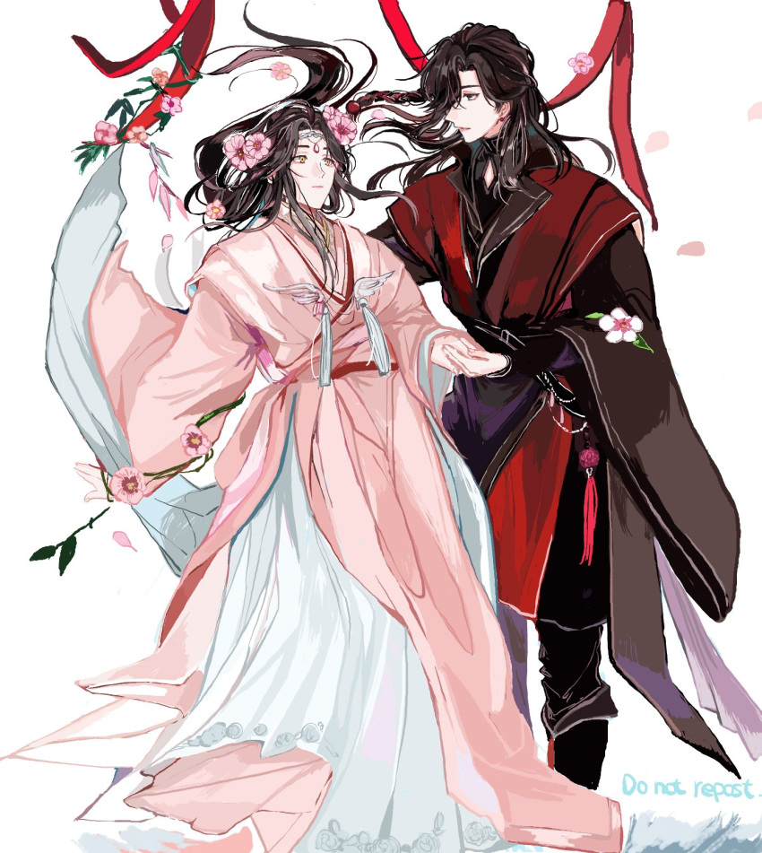 2boys, black_hair, chinese_clothes, circlet, couple, eyepatch, full_body, highres, hozuhakusai, hua_cheng, jewelry, long_hair, long_sleeves, looking_at_another, male_focus, multiple_boys, profile, tassel, tian_guan_ci_fu, white_background, xie_lian