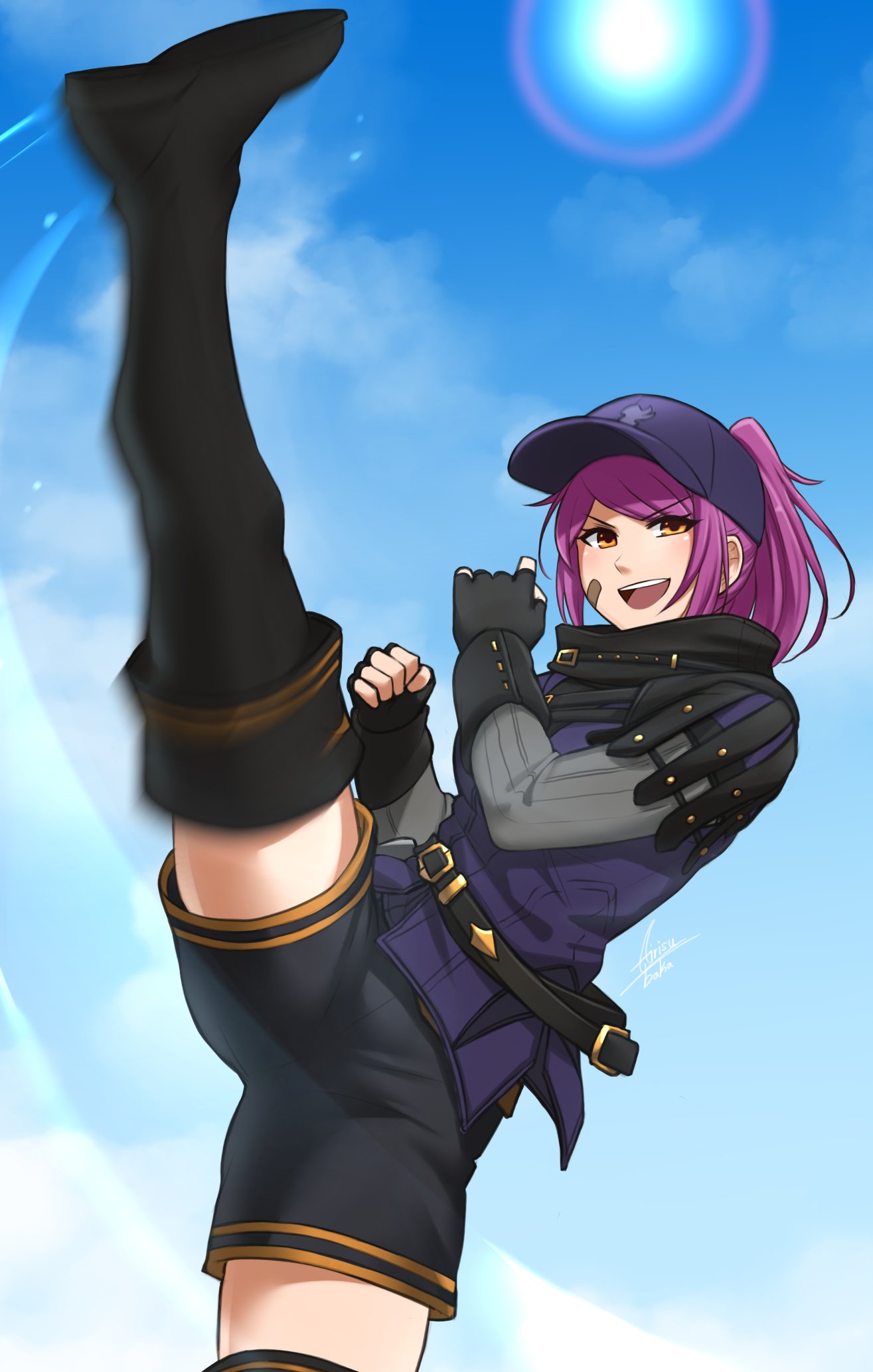 1girl, :d, airisubaka, bandaid, bandaid_on_cheek, belt, black_footwear, black_gloves