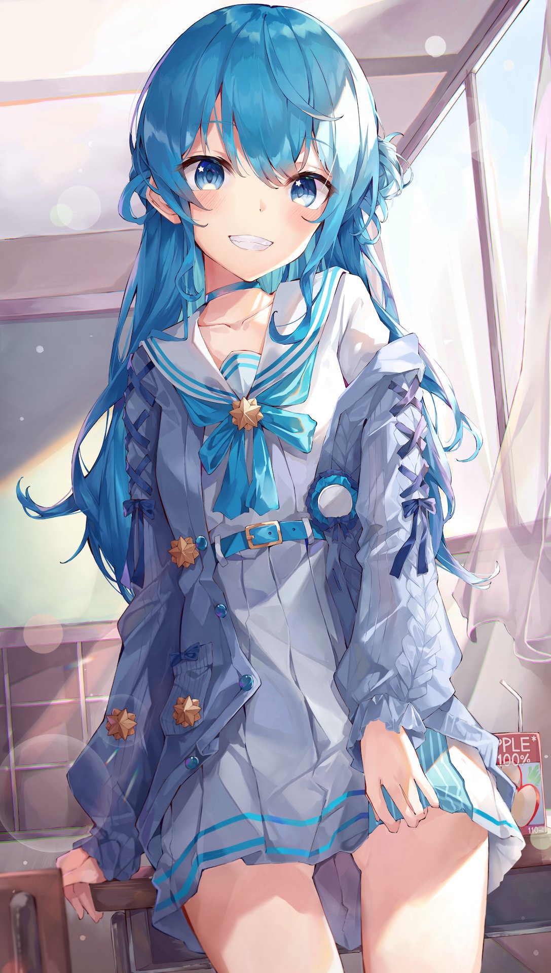 1girl, apple_juice, ascot, ass_visible_through_thighs, belt, blue_eyes, blue_hair, cardigan