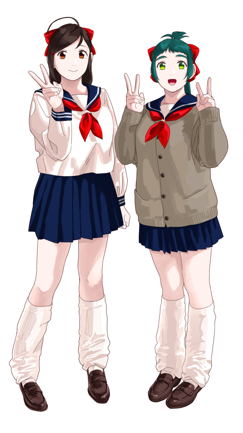 2girls, :d, absurdres, alternate_costume, blue_skirt, bow, brown_footwear, brown_hair