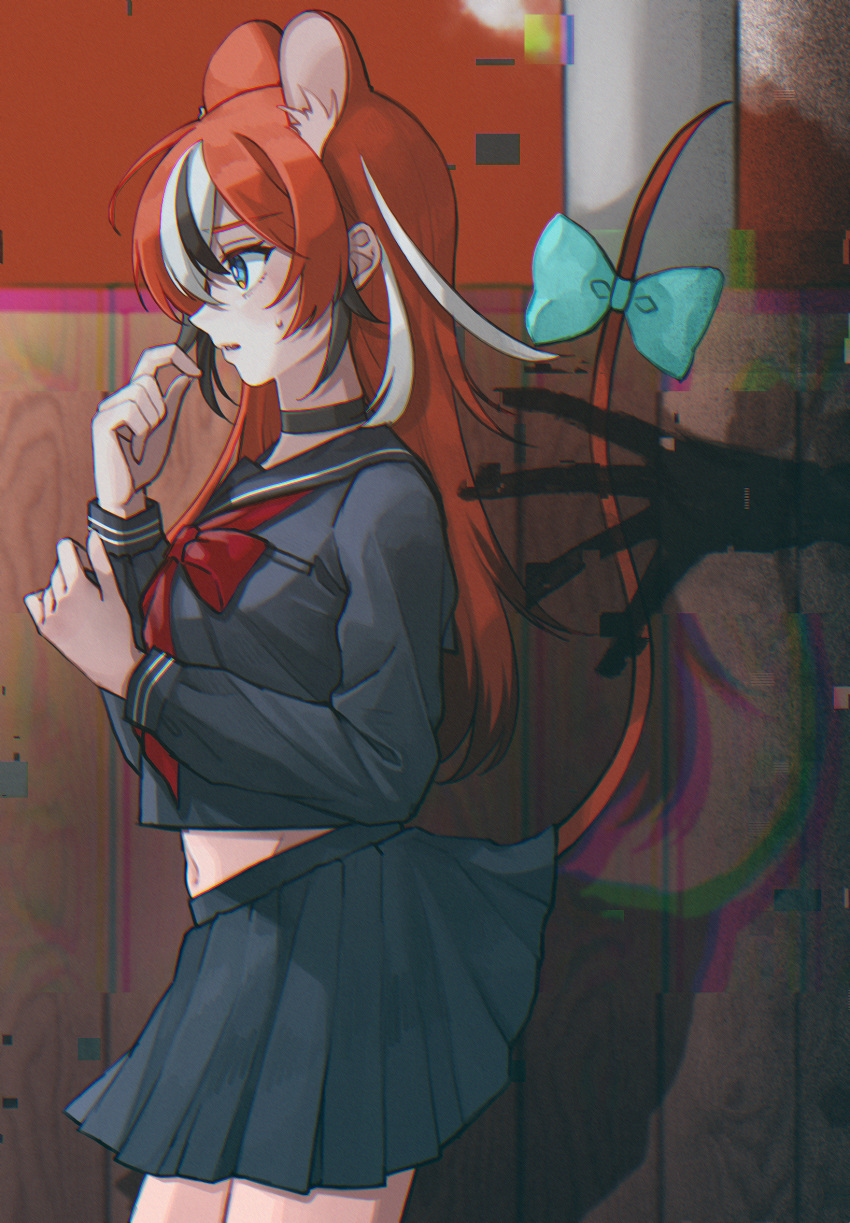 1girl, alternate_costume, animal_ears, bangs, black_choker, black_shirt, black_skirt, blue_eyes