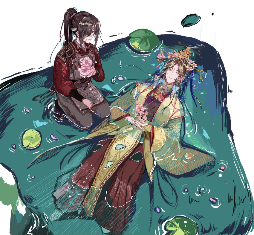 2boys, bandages, bandages_over_eyes, black_hair, brooch, chinese_clothes, couple, eyepatch
