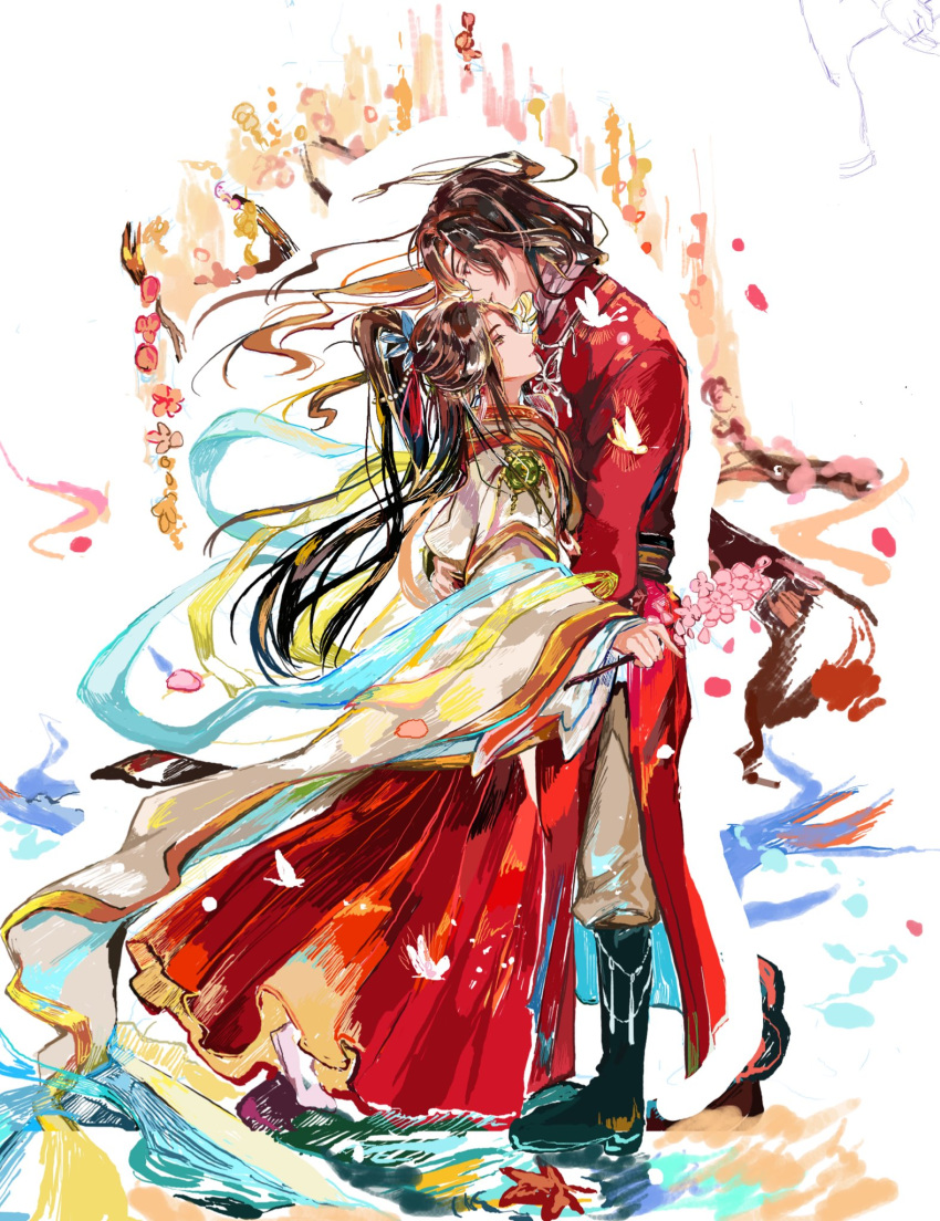 2boys, bangs, black_hair, chinese_clothes, couple, dress, eyepatch, face-to-face
