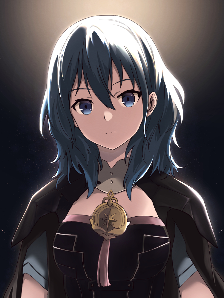 1girl, armor, bangs, black_armor, black_cape, blue_eyes, blue_hair, breastplate, byleth_(fire_emblem), byleth_eisner_(female), cape, closed_mouth, commentary_request, expressionless, eyebrows_visible_through_hair, fire_emblem, fire_emblem:_three_houses, hair_between_eyes, komurice, long_hair, looking_at_viewer, short_sleeves, solo, upper_body