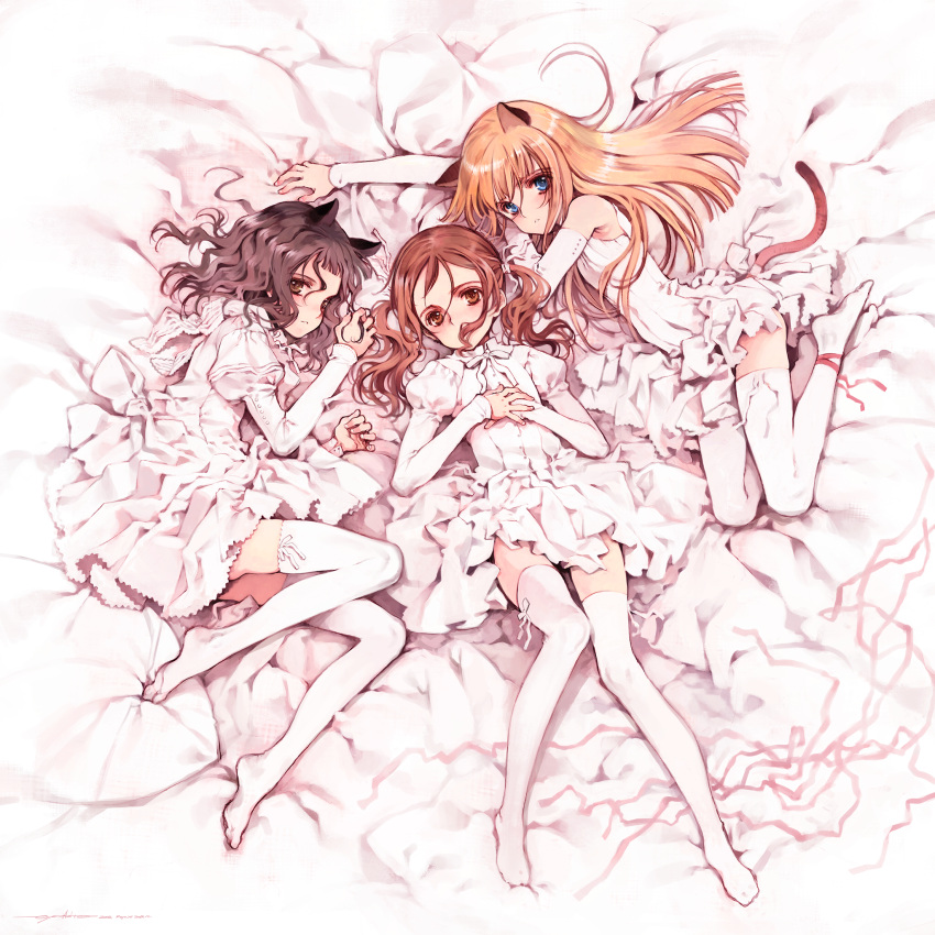 3girls, animal_ears, bare_shoulders, black_hair, blonde_hair, blue_eyes, blush, brown_eyes