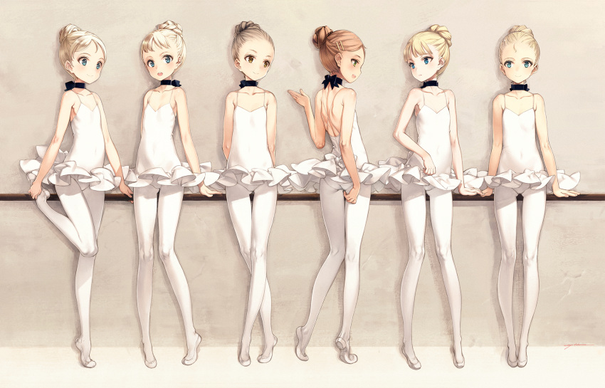 6+girls, arms_behind_back, ass, athletic_leotard, ballerina, ballet, ballet_dress, ballet_slippers