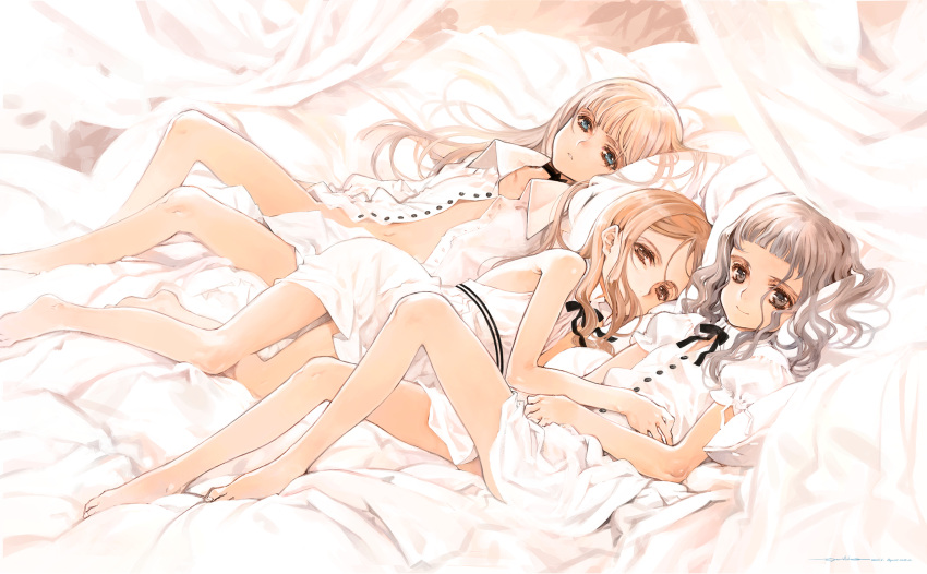 3girls, bare_shoulders, barefoot, bed, black_hair, black_ribbon, blonde_hair, blue_eyes