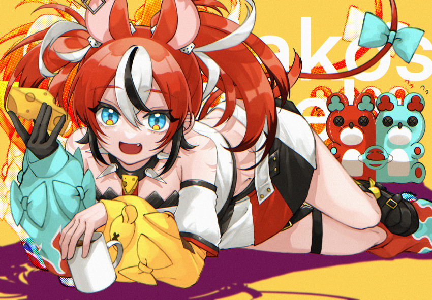 1girl, animal_ears, asymmetrical_sleeves, bare_shoulders, black_footwear, black_gloves, blue_bow, blue_eyes, bow, cheese, collar, commentary, cup, detached_sleeves, dice_hair_ornament, ear_piercing, fang, food, foot_out_of_frame, gloves, hair_ornament, hakos_baelz, highres, holding, holding_cup, holding_food, hololive, hololive_english, honyaragedon, looking_at_viewer, loose_socks, lying, mouse_ears, mouse_tail, multicolored_clothes, multicolored_hair, multicolored_skirt, navel, on_stomach, open_mouth, piercing, redhead, shoes, short_hair, single_glove, single_sock, skirt, socks, solo, spiked_collar, spikes, streaked_hair, stuffed_animal, stuffed_mouse, stuffed_toy, tail, tail_bow, tail_ornament, tea, thigh_strap, twintails, virtual_youtuber, yellow_background