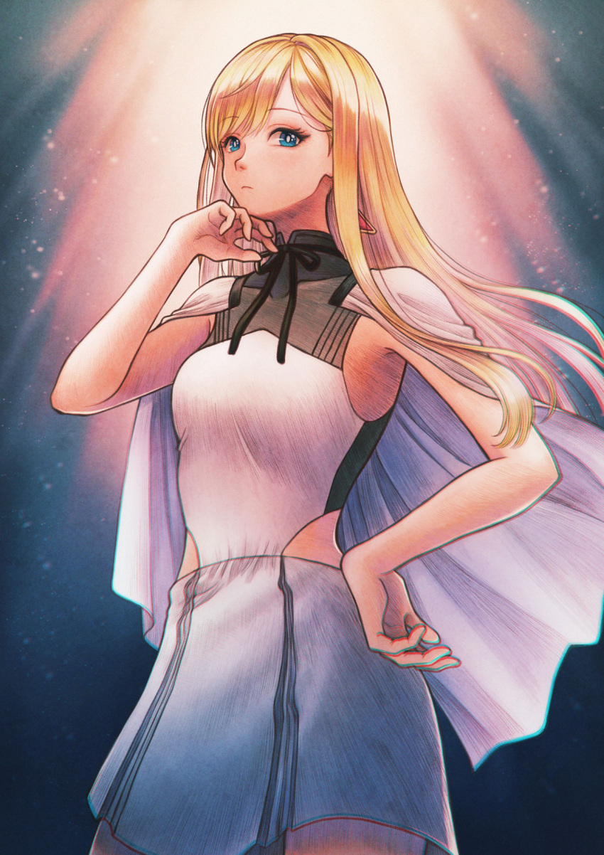 1girl, armpit_peek, bangs, blue_eyes, breasts, bright_pupils, capelet, dress, earrings, eyebrows_visible_through_hair, floating_hair, gigi_andalusia, gundam, gundam_hathaway's_flash, hand_on_hip, hand_on_own_chin, highres, jewelry, long_hair, open_hand, small_breasts, solo, tubering, white_capelet, white_dress, white_pupils
