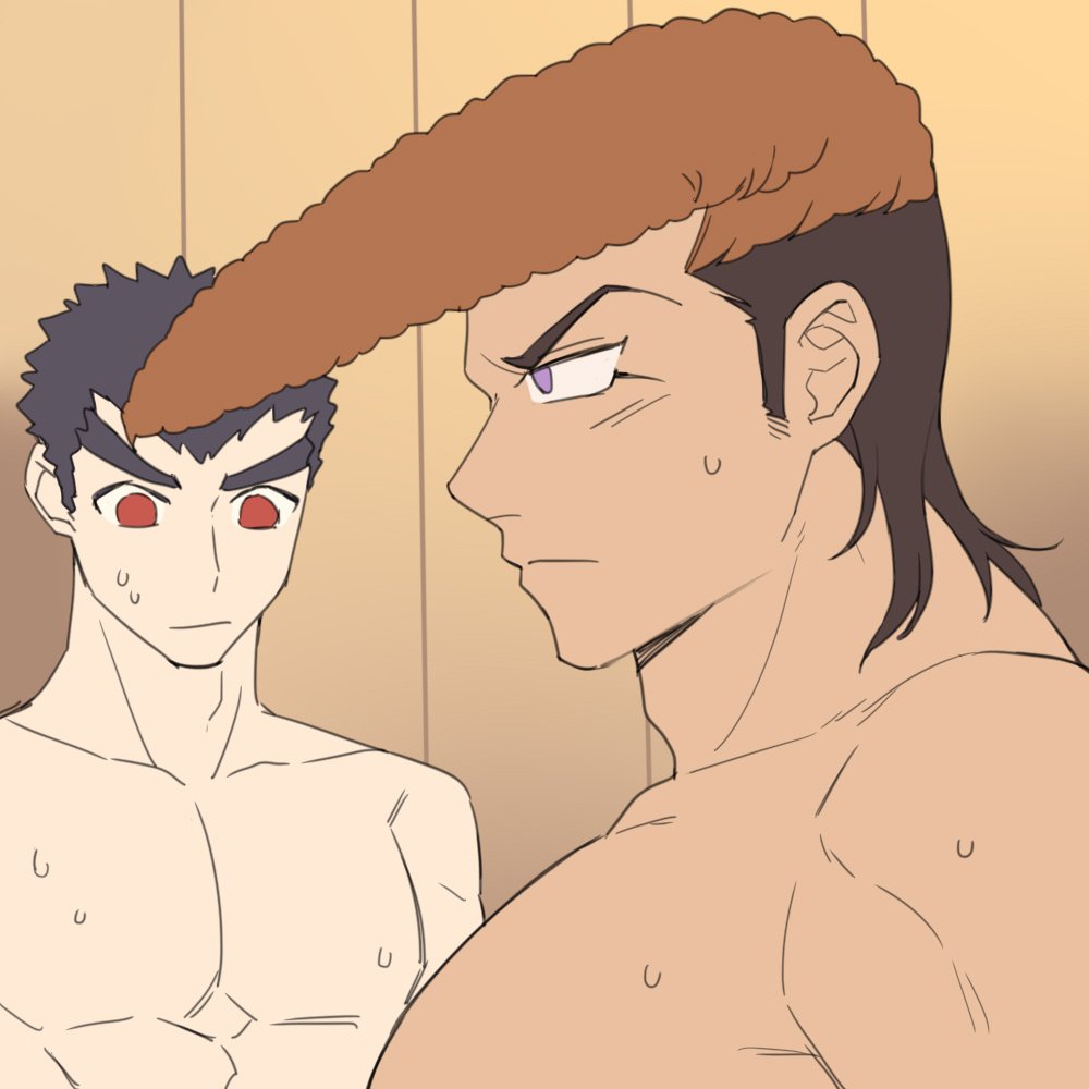 2boys, brown_hair, closed_mouth, danganronpa:_trigger_happy_havoc, danganronpa_(series), from_side, ishimaru_kiyotaka, large_pectorals, looking_at_another, male_focus, medium_hair, meme, multicolored_hair, multiple_boys, muscle_envy, muscular, muscular_male, nude, oowada_mondo, pectoral_envy_(meme), pectoral_focus, pectorals, pompadour, profile, qwq1151h, red_eyes, short_hair, sweat, two-tone_hair, upper_body