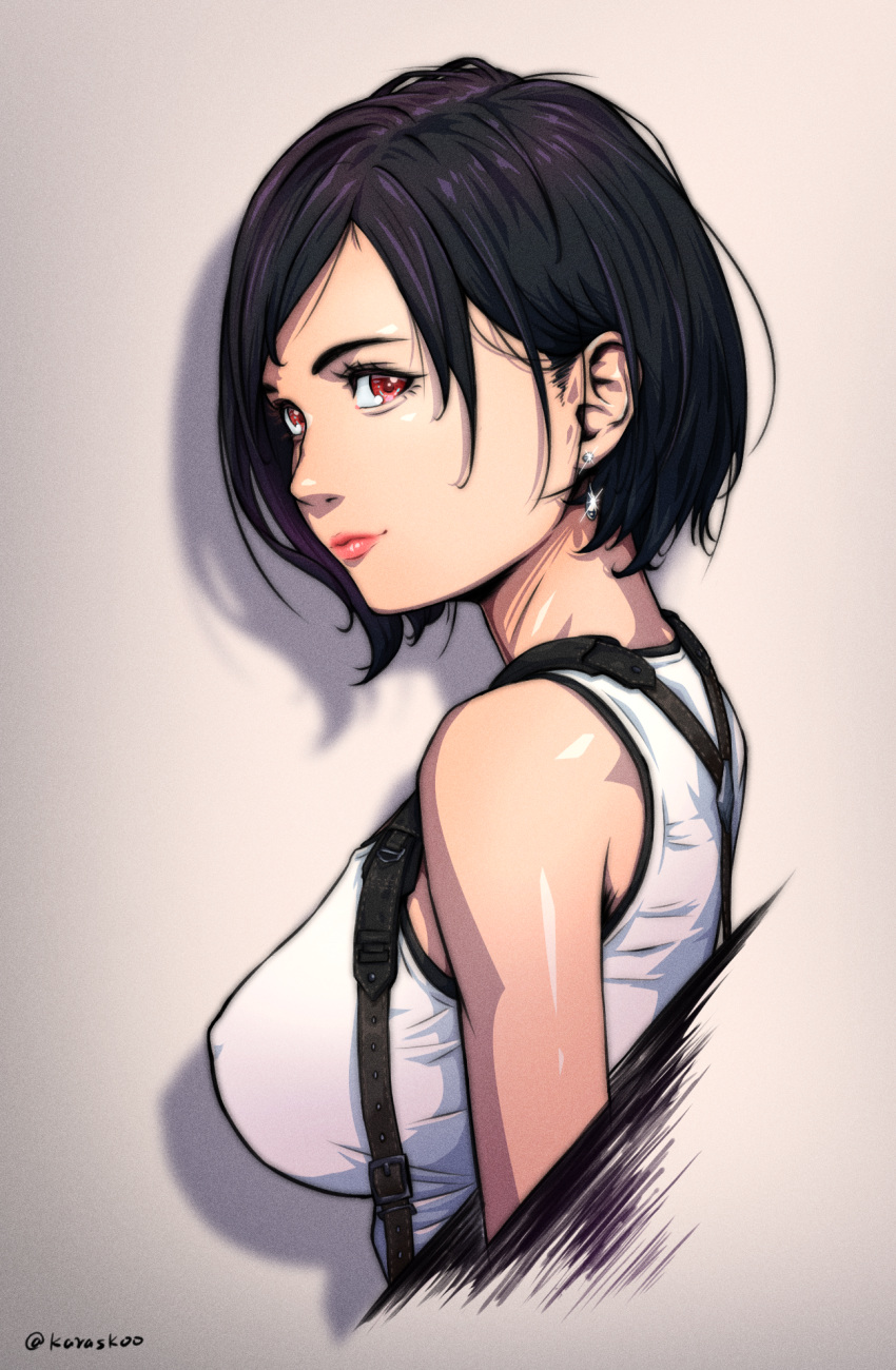 1girl, alternate_hair_length, alternate_hairstyle, black_hair, breasts, covered_nipples, final_fantasy, final_fantasy_vii, from_side, hair_behind_ear, highres, karaskoo, lipstick, looking_at_viewer, makeup, medium_breasts, pink_lips, red_eyes, shirt, short_hair, sleeveless, sleeveless_shirt, smile, solo, suspenders, thick_lips, tifa_lockhart, white_shirt