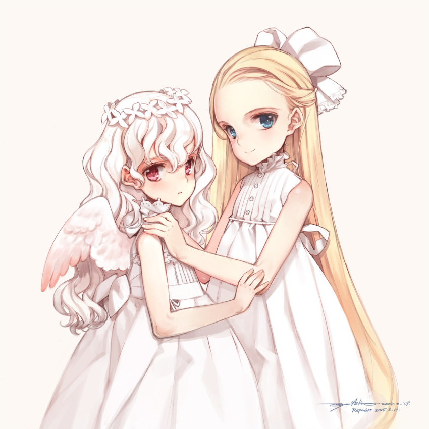 2girls, angel_wings, bare_shoulders, blonde_hair, blue_eyes, blush, bow, dated