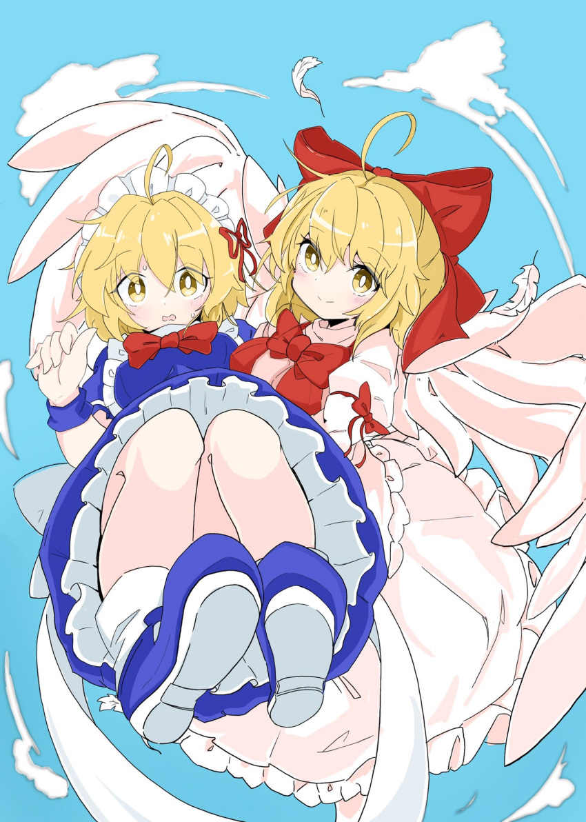 2girls, ahoge, angel_wings, apron, bangs, blonde_hair, blue_dress, blue_footwear