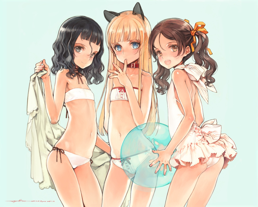3girls, animal_ears, aqua_background, ass, back_bow, ball, bandeau, bare_shoulders, beachball, bikini, black_hair, black_ribbon, blonde_hair, blue_eyes, blush, bow, brown_eyes, brown_hair, casual_one-piece_swimsuit, cat_ears, choker, collar, commentary, dated, ema_(shirotsume_souwa), english_commentary, finger_to_mouth, flat_chest, frilled_swimsuit, frills, grey_eyes, hair_ribbon, highres, long_hair, looking_at_viewer, medium_hair, mixed-language_commentary, multiple_girls, one-piece_swimsuit, open_mouth, orange_ribbon, oyari_ashito, red_collar, redrawn, ribbon, ribbon_choker, sayu_(shirotsume_souwa), shirotsume_souwa, side-tie_bikini, signature, simple_background, smile, swimsuit, touka_(shirotsume_souwa), towel, twintails, wavy_hair, white_swimsuit
