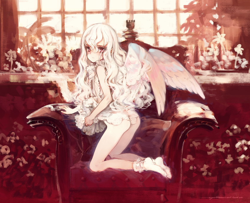 1girl, angel_wings, armchair, ass, blush, bobby_socks, chair, dated
