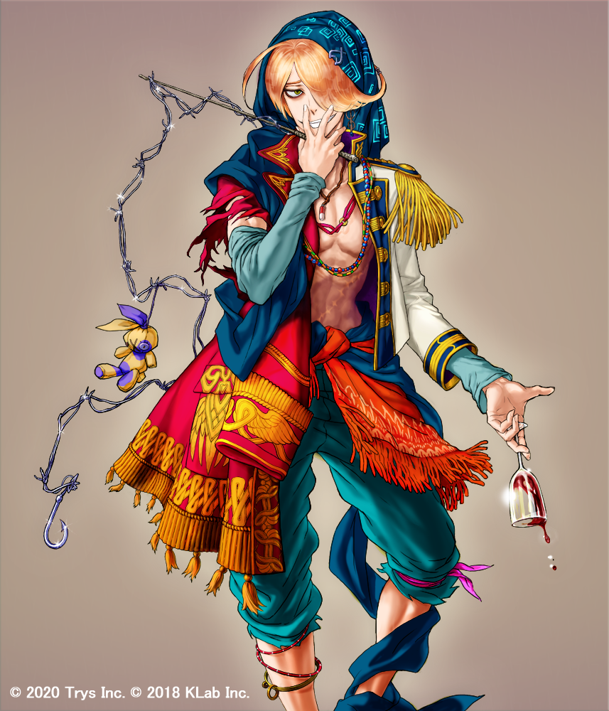 1boy, bandana, blonde_hair, blue_headwear, blue_pants, company_name, cup, dated