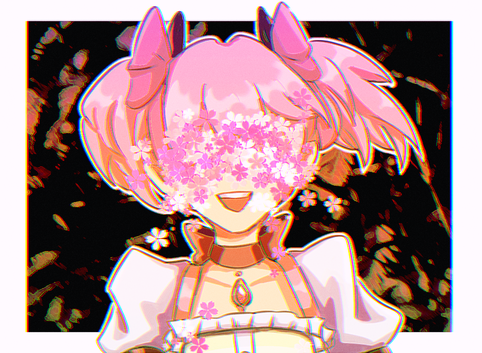 1girl, abstract_background, arms_at_sides, black_background, border, cherry_blossoms, choker, chromatic_aberration, close-up, collarbone, covered_eyes, face, facing_viewer, flat_chest, floating_hair, flower, flower_over_eyes, frills, hair_ribbon, kaname_madoka, lether, mahou_shoujo_madoka_magica, open_mouth, outline, pink_flower, pink_hair, pink_ribbon, pink_theme, puffy_short_sleeves, puffy_sleeves, red_choker, red_ribbon, ribbon, ribbon_choker, shiny, shiny_hair, short_sleeves, short_twintails, simple_background, smile, solo, soul_gem, teeth, twintails, upper_body, upper_teeth, white_border, white_flower, white_outline