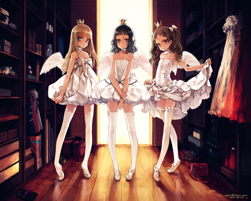 3girls, angel_wings, arm_grab, armpits, bag, bangs, bare_shoulders, black_hair, blonde_hair, blue_eyes, blunt_bangs, blush, bookshelf, bow, box, brown_hair, choker, clothes_lift, crown, dated, doorway, dress, dress_lift, ema_(shirotsume_souwa), flat_chest, frilled_dress, frilled_legwear, frills, garter_straps, hair_bow, handbag, high_heels, highres, indoors, jewelry, lace, lace-trimmed_legwear, lace_trim, legs, lineup, lolita_fashion, long_hair, long_legs, mini_crown, multiple_girls, outstretched_arm, oyari_ashito, panties, pantyshot, parted_bangs, pendant, pink_panties, pleated_dress, redrawn, reflection, sayu_(shirotsume_souwa), shirotsume_souwa, shoes, short_dress, sidelocks, signature, smile, standing, thigh-highs, thighs, tiptoes, touka_(shirotsume_souwa), twintails, underwear, violet_eyes, watermark, wavy_hair, white_legwear, wings, wooden_floor, zettai_ryouiki