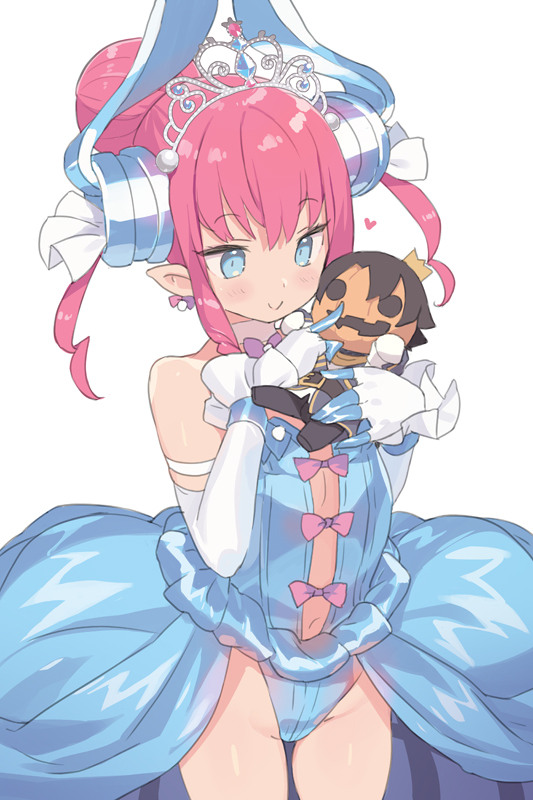 1girl, bangs, black_hair, blade_(galaxist), blue_dress, blue_eyes, blue_leotard, blush, bow, closed_mouth, commentary_request, crown, detached_sleeves, doll, dress, elizabeth_bathory_(cinderella_rider)_(fate), elizabeth_bathory_(fate), eyebrows_visible_through_hair, fate/grand_order, fate_(series), hair_between_eyes, hair_bun, hair_ribbon, heart, horns, jack-o'-lantern, leotard, long_sleeves, mini_crown, pink_bow, pink_hair, pointy_ears, ribbon, simple_background, sleeveless, sleeveless_dress, sleeves_past_wrists, solo, tiara, twintails, white_background, white_ribbon, white_sleeves