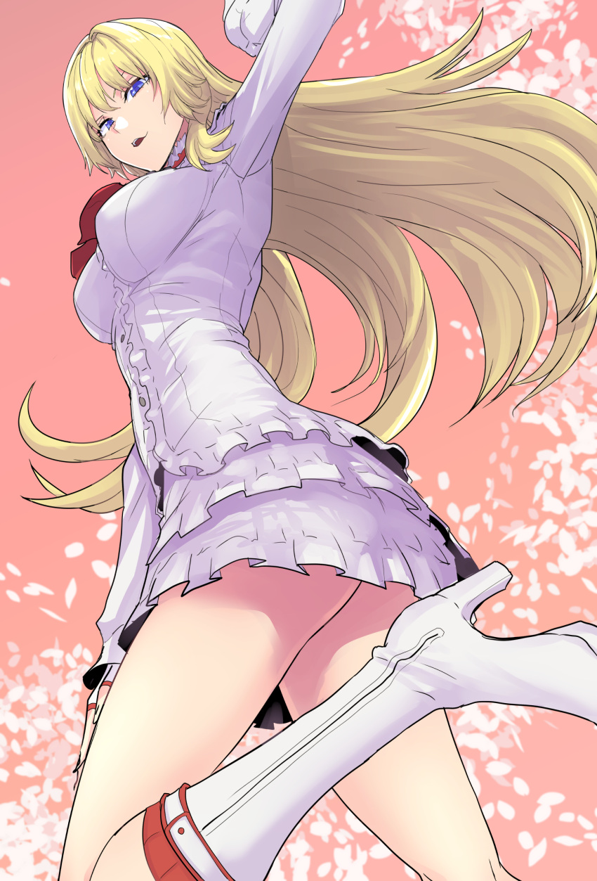 1girl, blonde_hair, blue_eyes, boots, breasts, clash_kuro_neko, commentary_request, dress