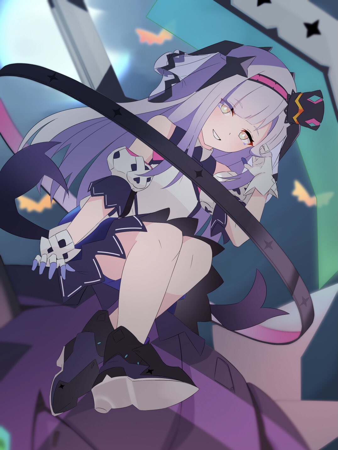 1girl, bangs, bare_shoulders, black_footwear, black_headwear, blunt_bangs, blurry, blush, boots, bright_pupils, commentary_request, depth_of_field, detached_sleeves, dutch_angle, eyebrows_visible_through_hair, eyeliner, flat_chest, full_body, gloves, grin, hairband, happy, hat, heichi, high_heels, highres, jpeg_artifacts, knees_together_feet_apart, lav_(world_flipper), light_blush, long_hair, looking_at_viewer, makeup, mini_hat, mini_top_hat, miniskirt, official_alternate_costume, orange_eyes, pink_hairband, purple_hair, purple_skirt, shirt, short_sleeves, sidelocks, sitting, skirt, sleeveless, sleeveless_shirt, smile, solo, teeth, tilted_headwear, top_hat, white_gloves, white_pupils, white_shirt, world_flipper