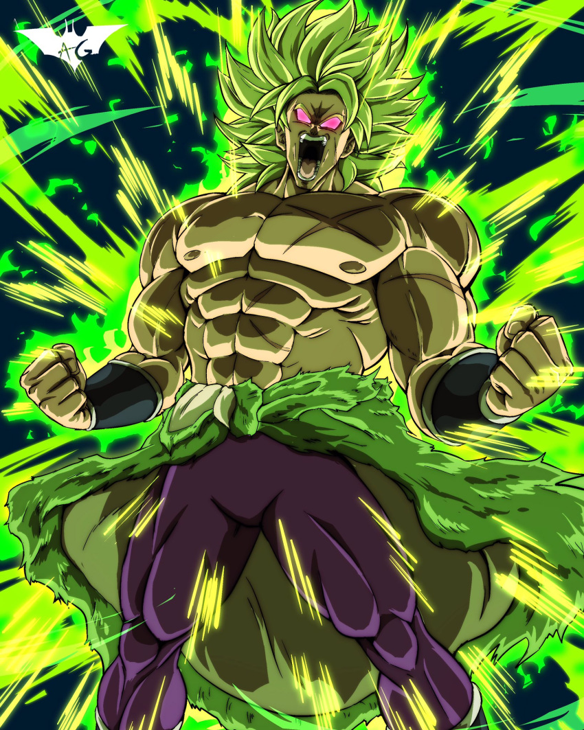 1boy, abs, angry, bare_shoulders, batmandrewart, broly_(dragon_ball_super), clenched_hand, commentary