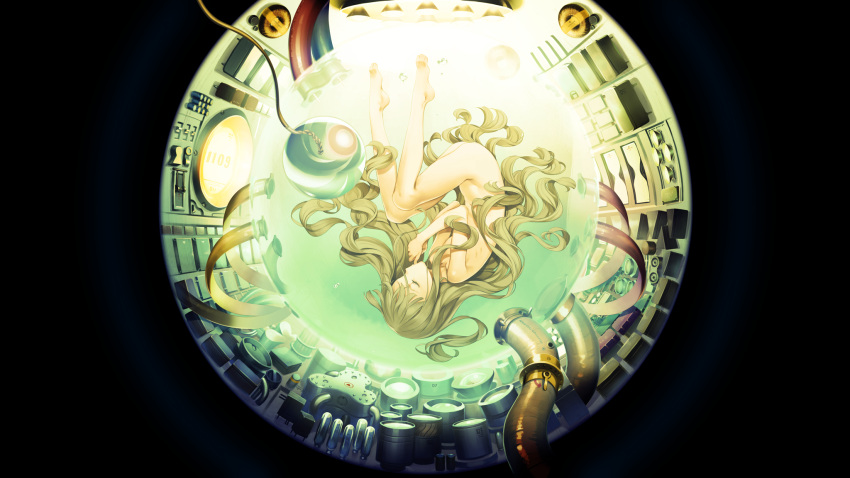 1girl, ass, breasts, cable, closed_eyes, completely_nude, fetal_position, full_body, highres, knees_on_chest, light_brown_hair, long_hair, machine, machine_child, nude, orb, oyari_ashito, sleeping, small_breasts, solo, submerged, switch, tube, upside-down, very_long_hair, wavy_hair