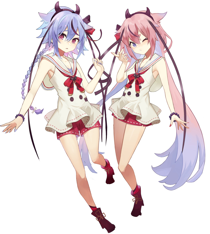 2others, :t, absurdres, bead_bracelet, beads, blue_eyes, blue_hair, blue_nails