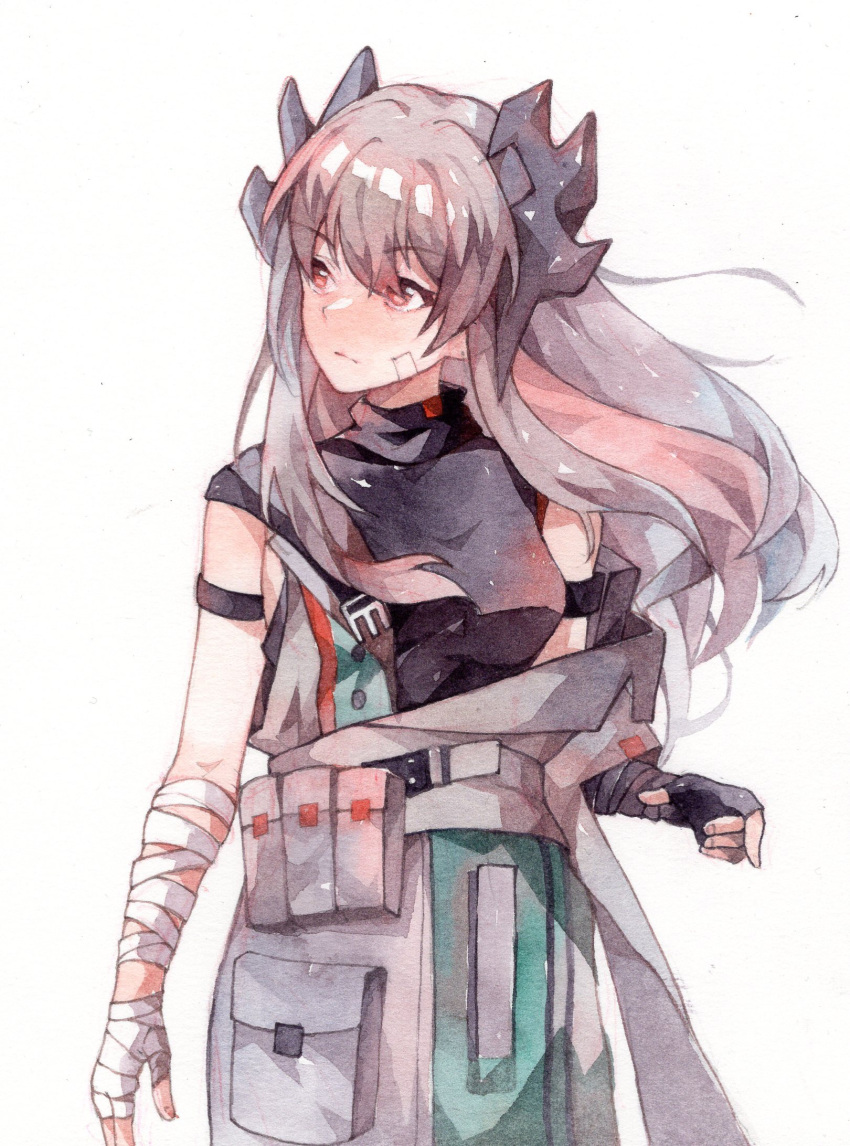 1girl, alternate_costume, arknights, asymmetrical_gloves, bandaged_arm, bandages, bandaid, bandaid_on_face