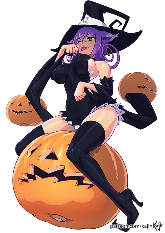 1girl, ;p, animal_ears, blair_(soul_eater), boots, breasts, cat_ears, detached_sleeves, hat, high_heels, jack-o'-lantern, kajin_(kajinman), large_breasts, long_hair, looking_at_viewer, one_eye_closed, paw_pose, purple_hair, solo, soul_eater, thigh-highs, thigh_boots, tongue, tongue_out, white_background, witch_hat, yellow_eyes