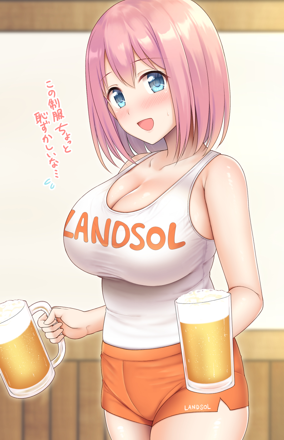 1girl, alcohol, bangs, bare_shoulders, beer, blue_eyes, blurry, blurry_background