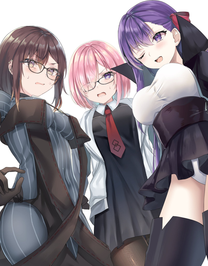 3girls, anger_vein, bangs, bb_(fate), bb_(fate/extra), between_breasts, black-framed_eyewear, black_dress