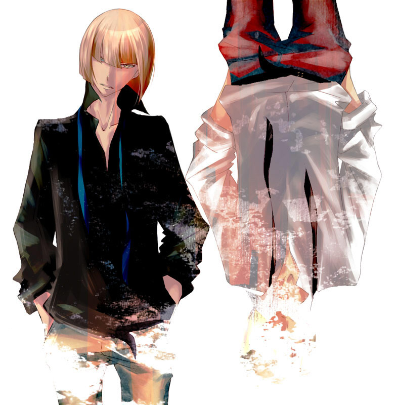 bangs, bleach, blonde_hair, blunt_bangs, bob_cut, collarbone, hand_in_pocket, head_tilt