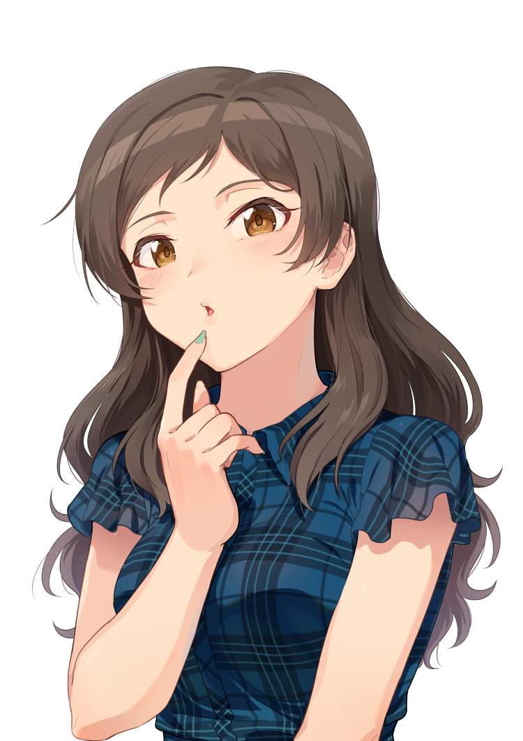 1girl, bangs, blue_shirt, brown_eyes, brown_hair, collared_shirt, commentary, finger_to_mouth