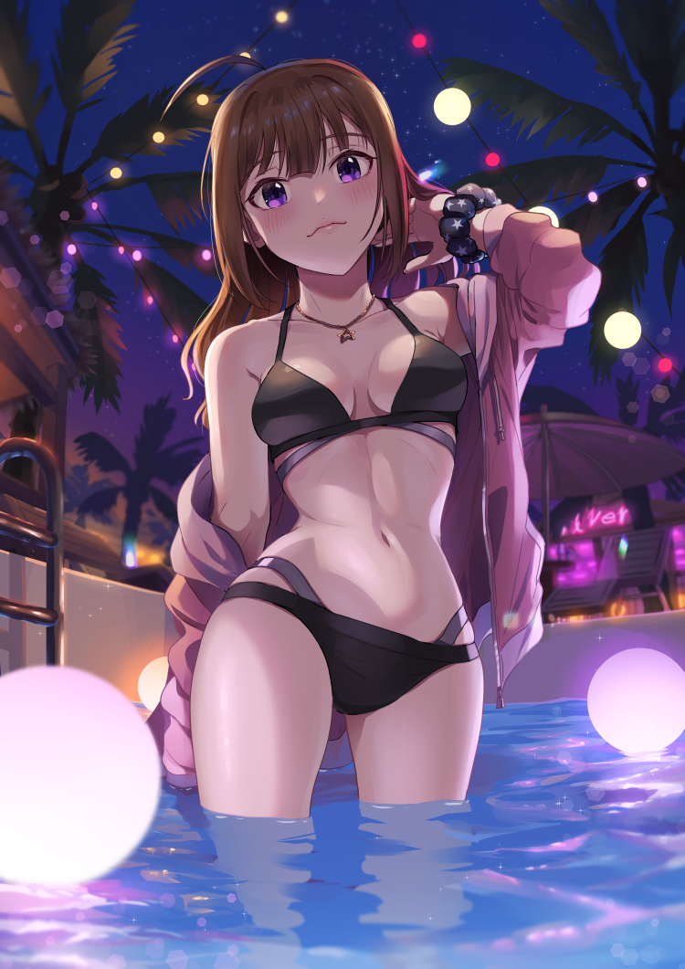 1girl, ahoge, alternate_hairstyle, balloon, bangs, beach_umbrella, bikini, black_bikini