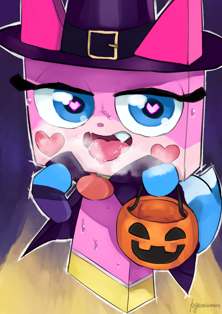 1girl, alternate_costume, artist_name, blue_eyes, capelet, cat, fang, halloween, halloween_bucket, halloween_costume, hat, heart, heart-shaped_pupils, karasuma234, lego, looking_at_viewer, open_clothes, open_mouth, princess_unikitty, pumpkin, sexually_suggestive, skull_print, solo, sweat, sweating_profusely, symbol-shaped_pupils, tail, the_lego_group, the_lego_movie, tongue, tongue_out, witch, witch_hat