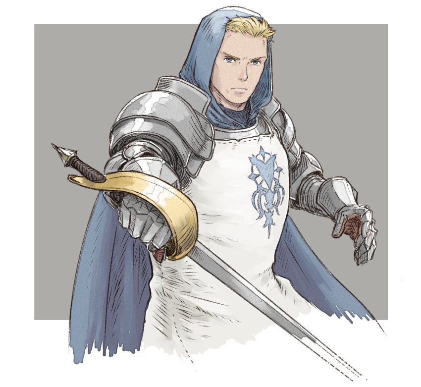 1boy, armor, blonde_hair, blue_cape, cape, fighting_stance, gauntlets, green_eyes