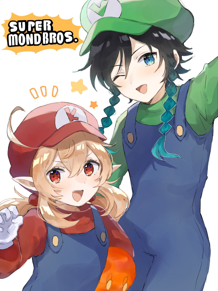 1boy, 1girl, ahoge, arm_up, bangs, black_hair, blonde_hair, blue_eyes