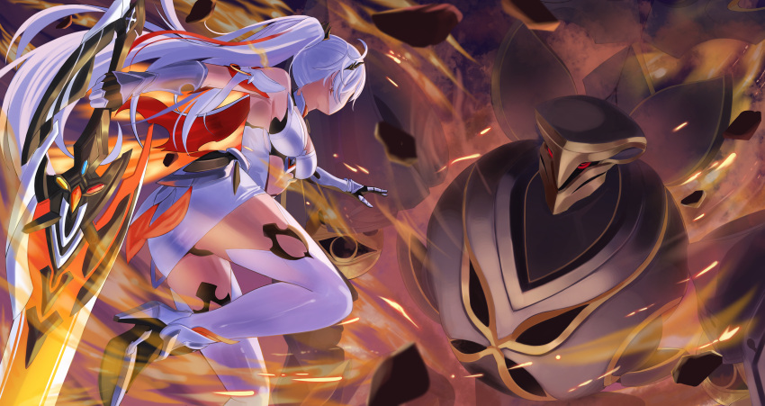 1girl, absurdres, aircell, armor, ass, back, bare_shoulders, black_panties