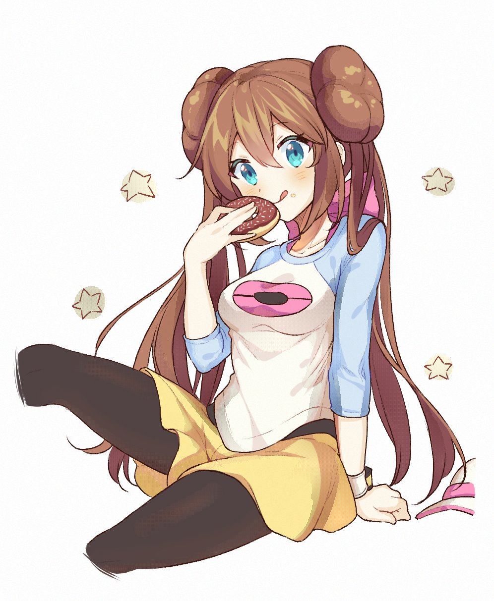 1girl, :q, arm_support, bangs, blue_eyes, blush, bow, breasts, brown_hair, brown_legwear, closed_mouth, commentary, double_bun, doughnut, eyelashes, food, food_on_face, hair_between_eyes, highres, holding, legwear_under_shorts, long_hair, pantyhose, pink_bow, pokemon, pokemon_(game), pokemon_bw2, raglan_sleeves, rosa_(pokemon), shirt, shorts, sitting, smile, snowsakurachan, solo, star_(symbol), tongue, tongue_out, twintails, yellow_shorts