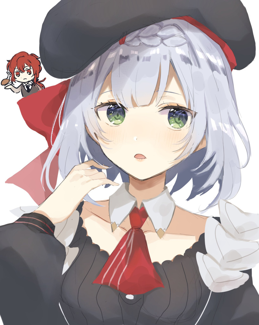 1boy, 1girl, bangs, black_headwear, braid, braided_bangs, chibi, chicken_(food)